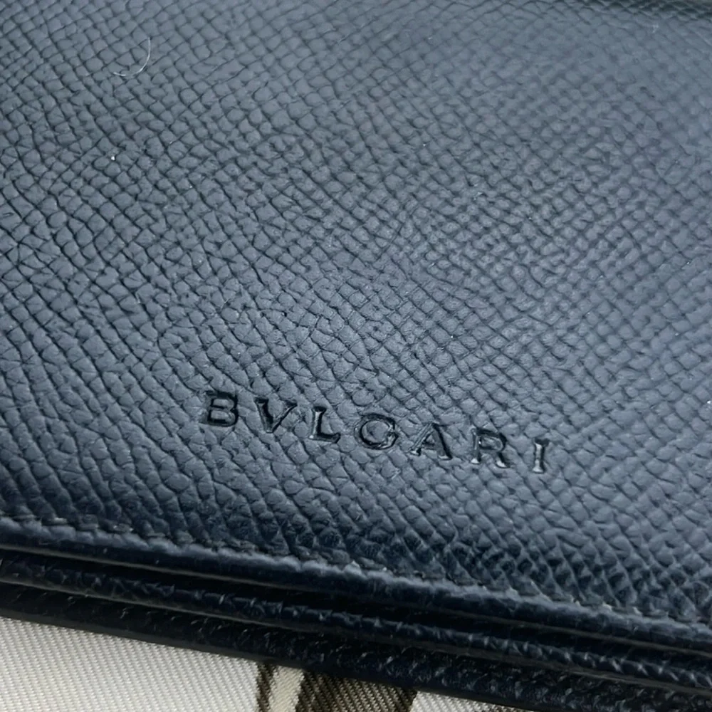 Auth.BVLGARI Black Leather small wallet unisex card holder minimalist w.card
